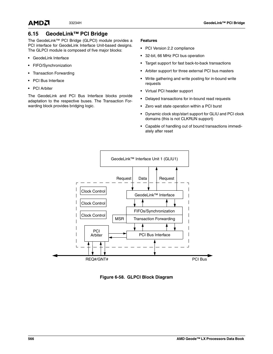 15 geodelink™ pci bridge, Geodelink™ pci bridge, Figure 6-58 | Glpci block diagram | AMD Geode LX 800@0.9W User Manual | Page 566 / 680