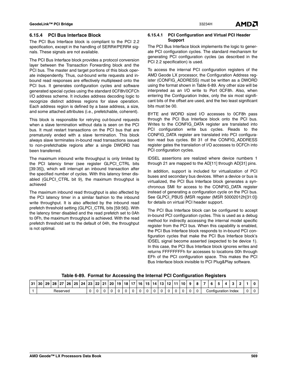 4 pci bus interface block, 1 pci configuration and virtual pci header support, Table 6-89 | AMD Geode LX 800@0.9W User Manual | Page 569 / 680