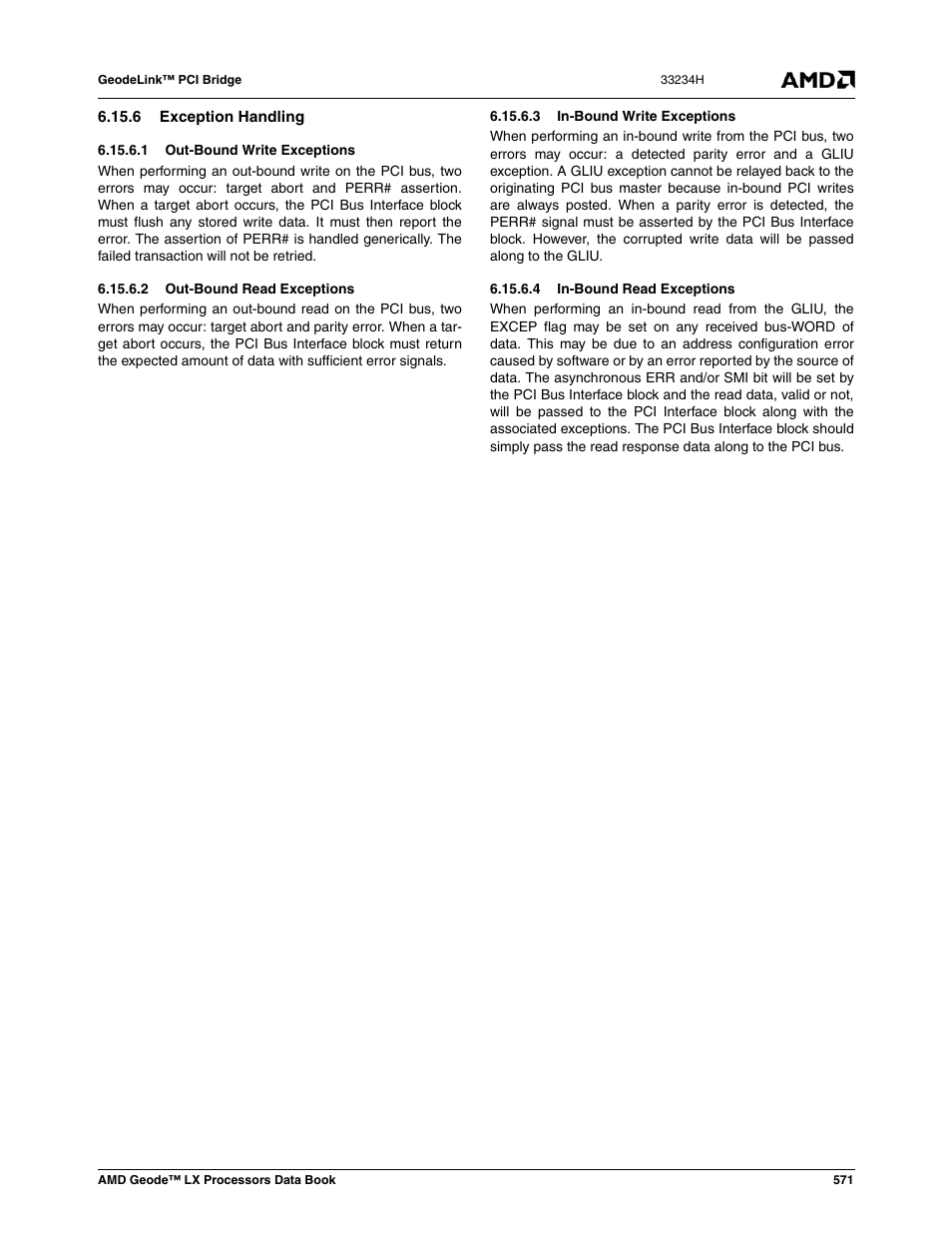 6 exception handling, 1 out-bound write exceptions, 2 out-bound read exceptions | 3 in-bound write exceptions, 4 in-bound read exceptions | AMD Geode LX 800@0.9W User Manual | Page 571 / 680