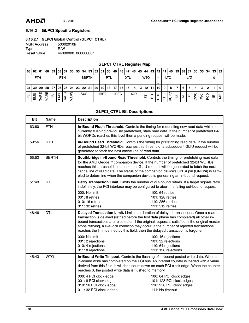 2 glpci specific registers, 1 glpci global control (glpci_ctrl), Glpci global control (glpci_ctrl) | 44000000_00000000h | AMD Geode LX 800@0.9W User Manual | Page 578 / 680