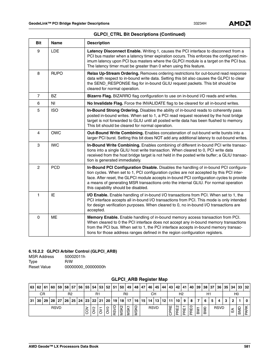 2 glpci arbiter control (glpci_arb), Glpci arbiter control (glpci_arb), 00000000_00000000h | AMD Geode LX 800@0.9W User Manual | Page 581 / 680