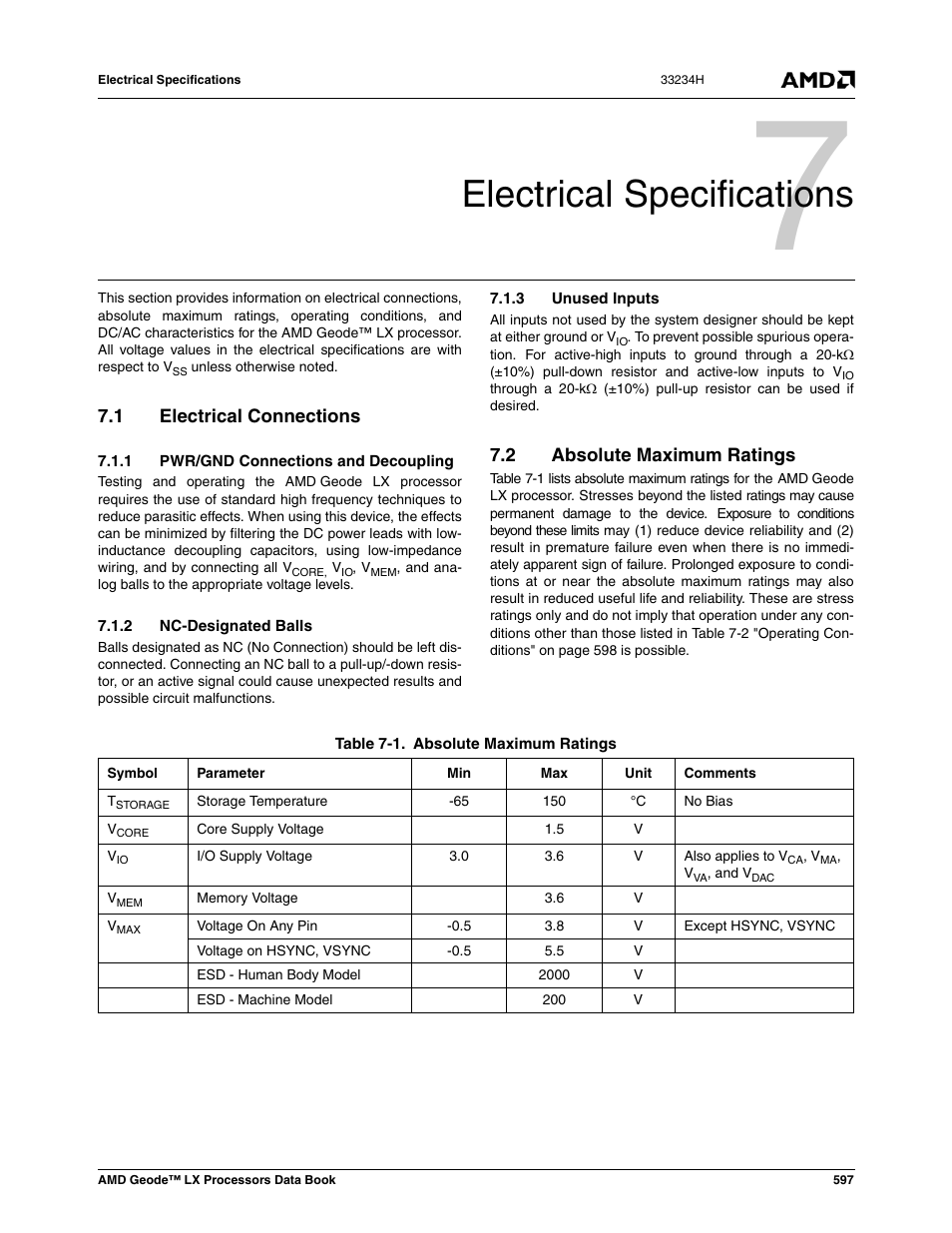 Electrical specifications, 1 electrical connections, 1 pwr/gnd connections and decoupling | 2 nc-designated balls, 3 unused inputs, 2 absolute maximum ratings, Electrical connections, Absolute maximum ratings, Table 7-1, 0 electrical specifications | AMD Geode LX 800@0.9W User Manual | Page 597 / 680