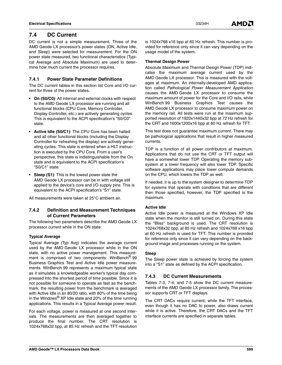 4 dc current, 1 power state parameter definitions, 3 dc current measurements | Dc current | AMD Geode LX 800@0.9W User Manual | Page 599 / 680