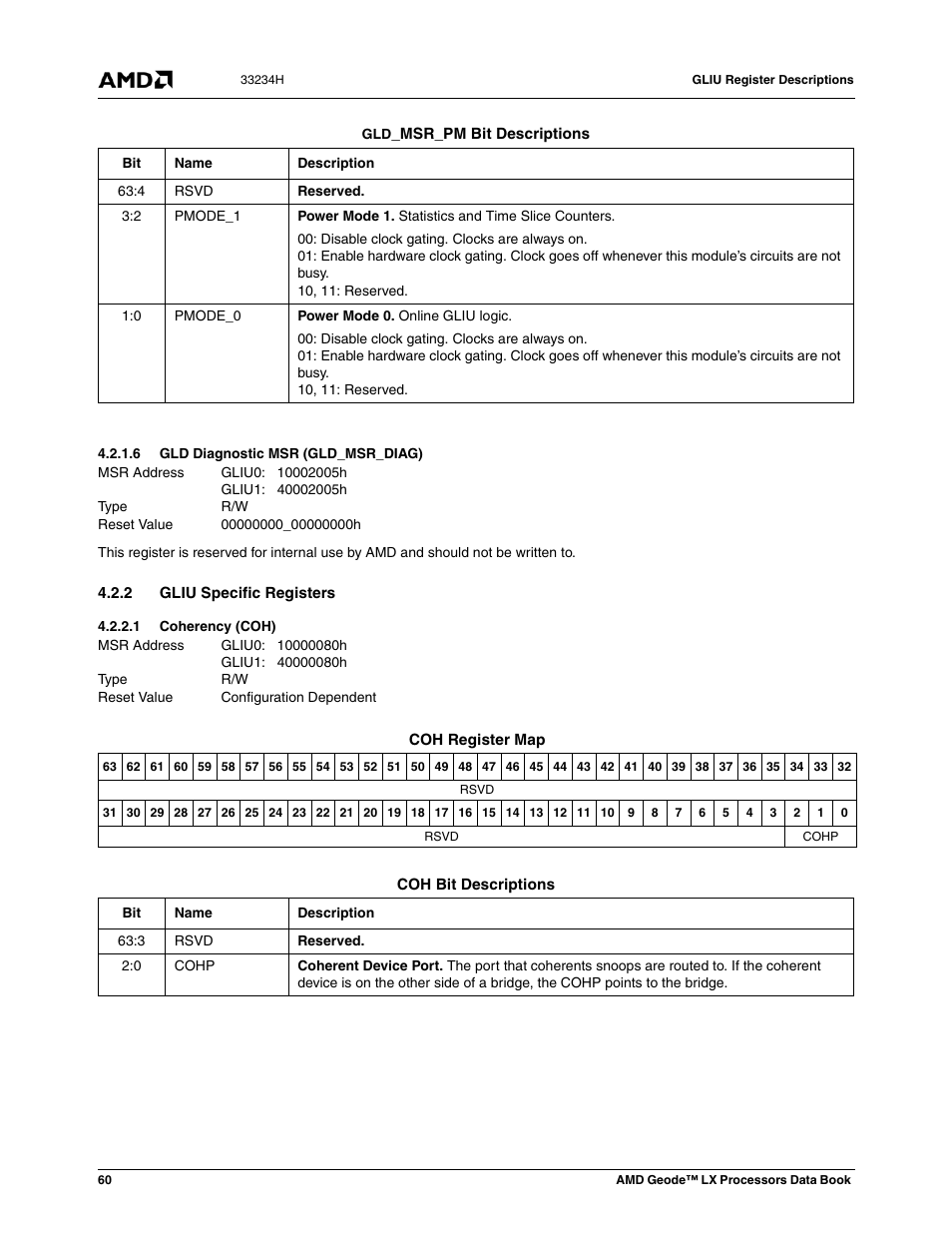 6 gld diagnostic msr (gld_msr_diag), 2 gliu specific registers, 1 coherency (coh) | Gld diagnostic msr (gld_msr_diag), Coherency (coh), Configuration dependent | AMD Geode LX 800@0.9W User Manual | Page 60 / 680