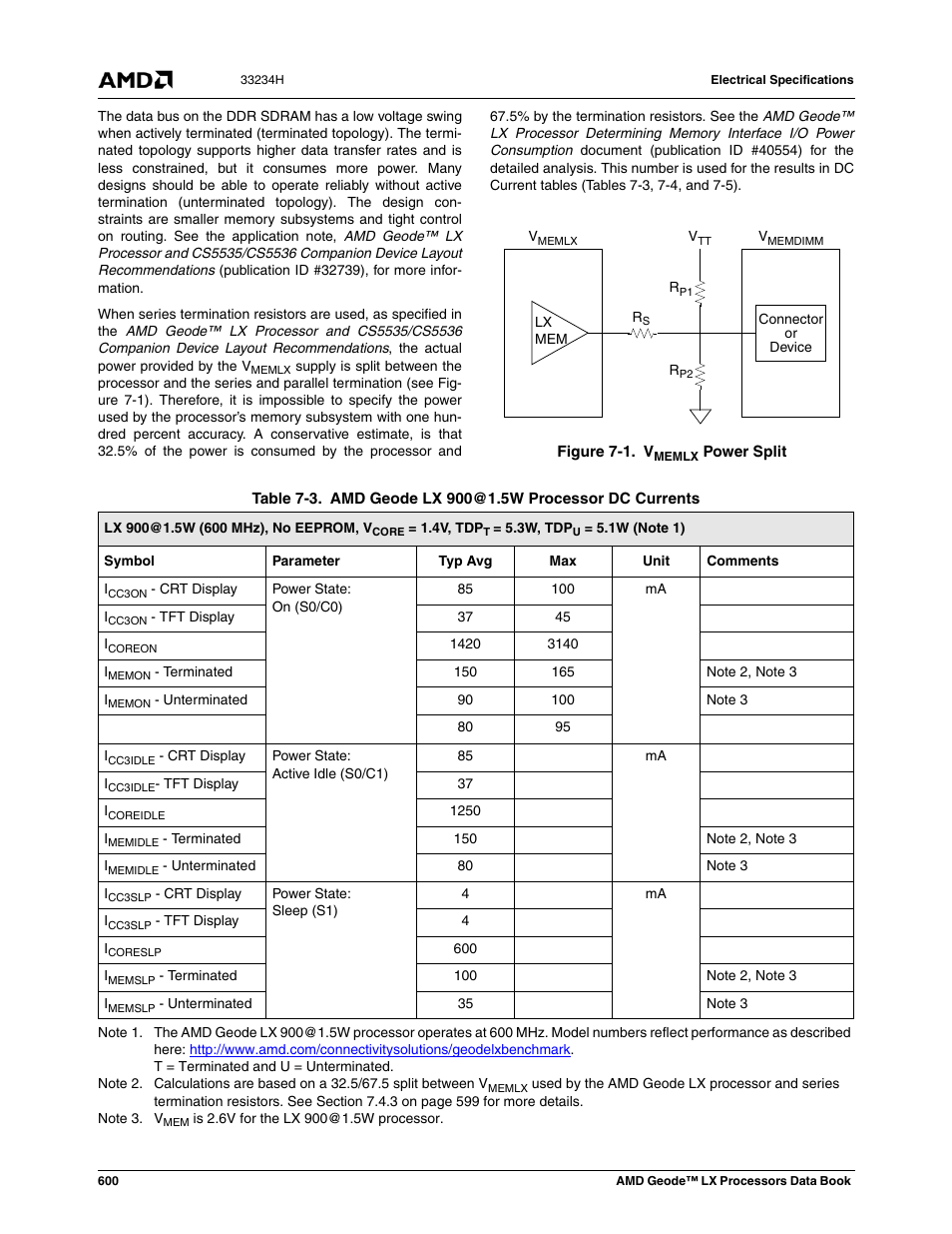 Figure 7-1, Vmemlx power split, Table 7-3 | Amd geode lx 900@1.5w processor dc currents | AMD Geode LX 800@0.9W User Manual | Page 600 / 680