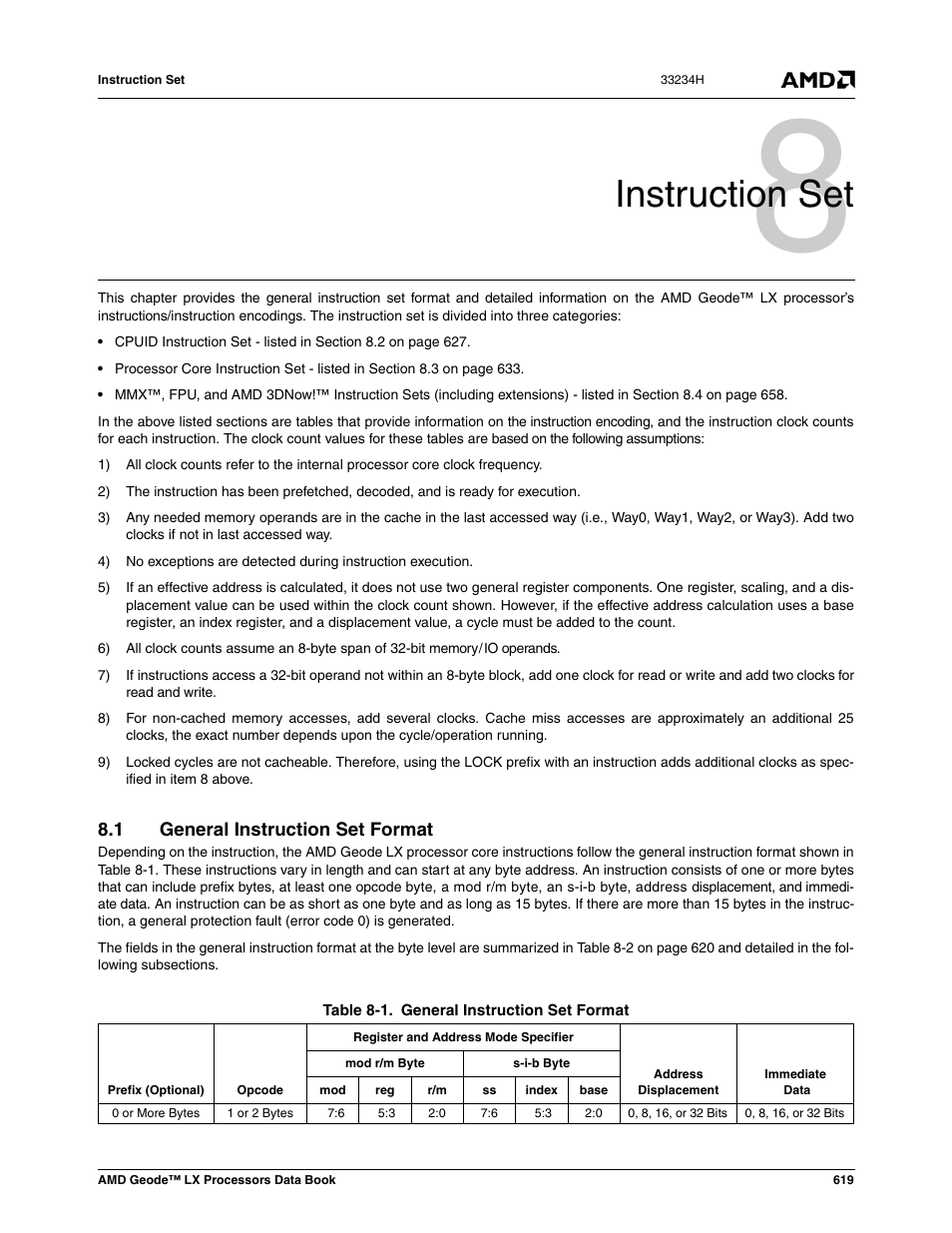 Instruction set, 1 general instruction set format, General instruction set format | Table 8-1, 0 instruction set | AMD Geode LX 800@0.9W User Manual | Page 619 / 680