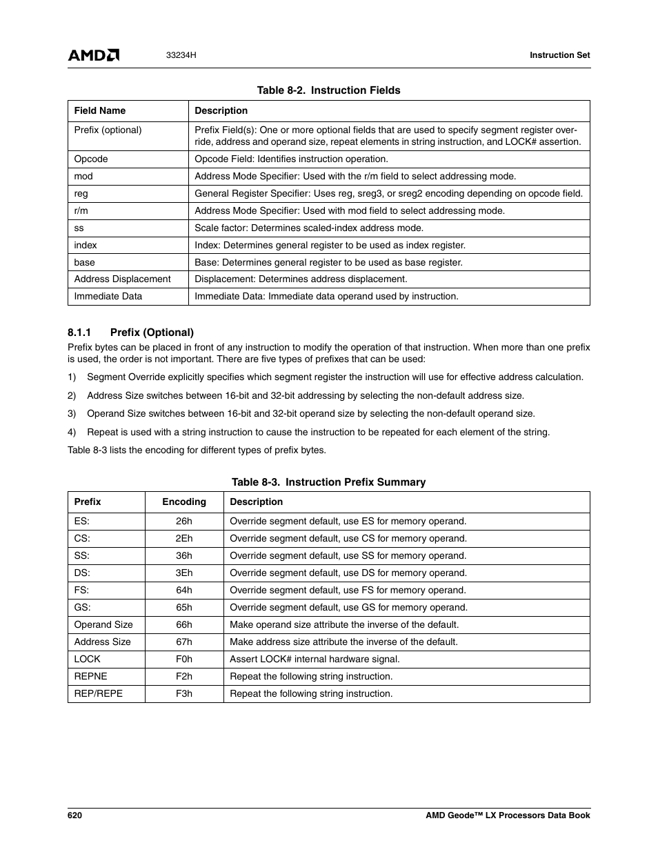 1 prefix (optional), Table 8-2, Instruction fields | Table 8-3, Instruction prefix summary | AMD Geode LX 800@0.9W User Manual | Page 620 / 680