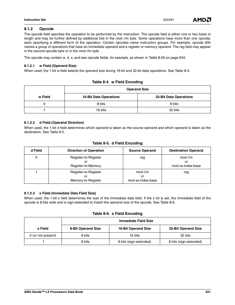 2 opcode, 1 w field (operand size), 2 d field (operand direction) | 3 s field (immediate data field size), Table 8-4, W field encoding, Table 8-5, D field encoding, Table 8-6, S field encoding | AMD Geode LX 800@0.9W User Manual | Page 621 / 680