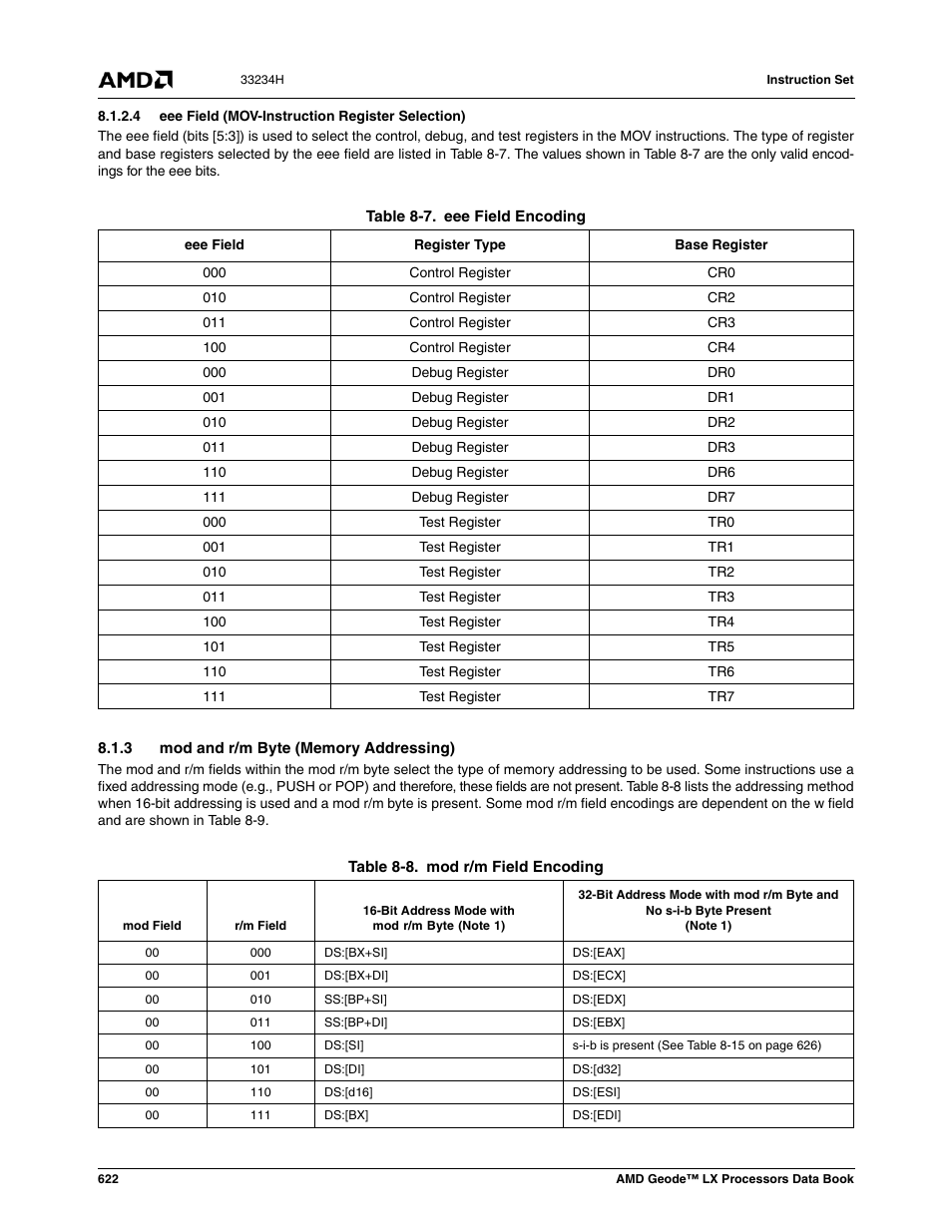 4 eee field (mov-instruction register selection), 3 mod and r/m byte (memory addressing), Table 8-7 | Eee field encoding, Table 8-8, Mod r/m field encoding | AMD Geode LX 800@0.9W User Manual | Page 622 / 680