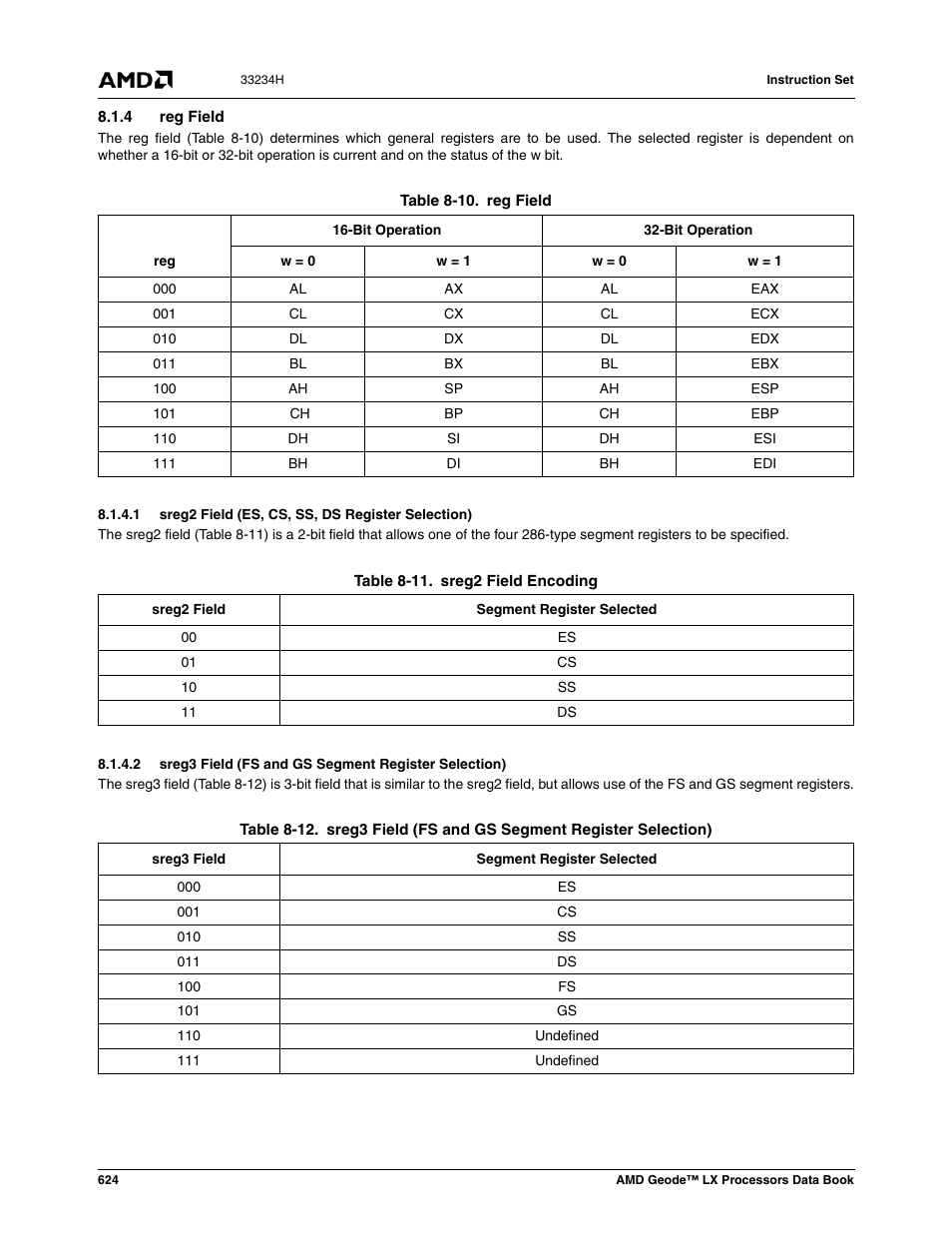 4 reg field, 1 sreg2 field (es, cs, ss, ds register selection), Table 8-10 | Reg field, Table 8-11, Sreg2 field encoding, Table 8-12, Sreg3 field (fs and gs segment register selection) | AMD Geode LX 800@0.9W User Manual | Page 624 / 680