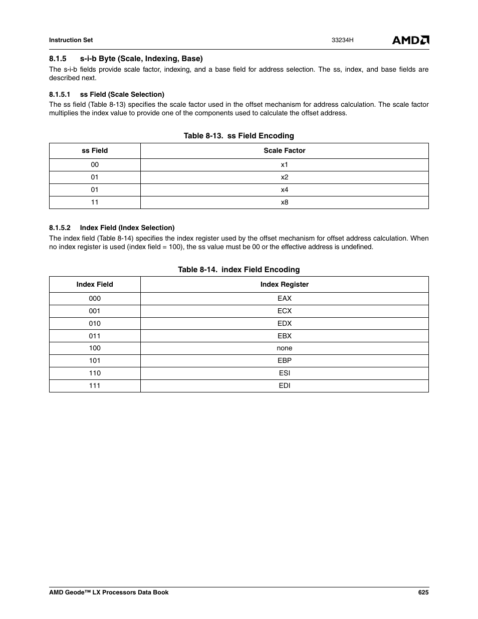 5 s-i-b byte (scale, indexing, base), 1 ss field (scale selection), 2 index field (index selection) | Table 8-13, Ss field encoding, Table 8-14, Index field encoding | AMD Geode LX 800@0.9W User Manual | Page 625 / 680