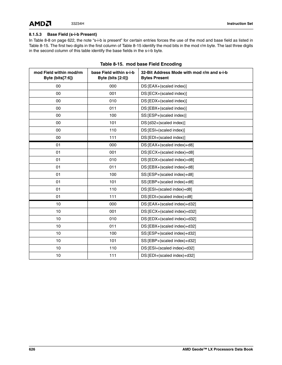 3 base field (s-i-b present), Table 8-15, Mod base field encoding | AMD Geode LX 800@0.9W User Manual | Page 626 / 680