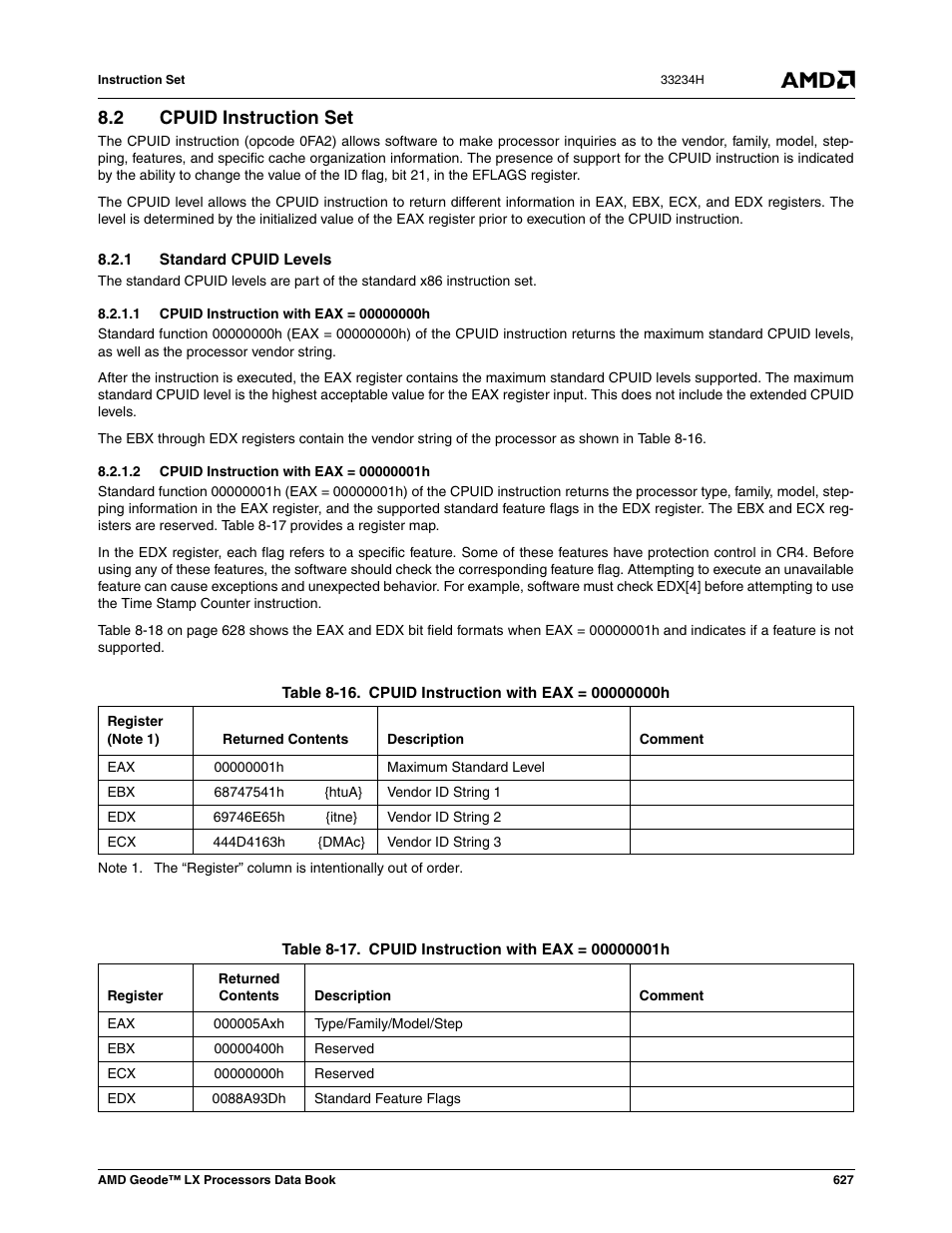 2 cpuid instruction set, 1 standard cpuid levels, 1 cpuid instruction with eax = 00000000h | 2 cpuid instruction with eax = 00000001h, Cpuid instruction set, Table 8-16, Cpuid instruction with eax = 00000000h, Table 8-17, Cpuid instruction with eax = 00000001h | AMD Geode LX 800@0.9W User Manual | Page 627 / 680