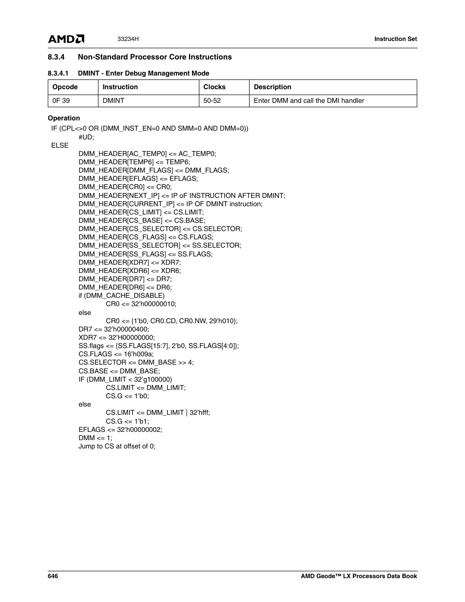 4 non-standard processor core instructions, 1 dmint - enter debug management mode | AMD Geode LX 800@0.9W User Manual | Page 646 / 680