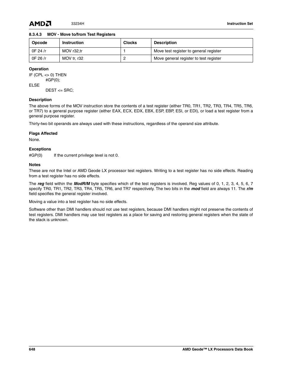 3 mov - move to/from test registers | AMD Geode LX 800@0.9W User Manual | Page 648 / 680