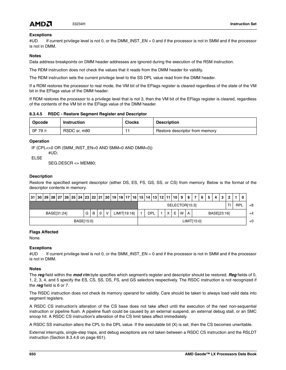 5 rsdc - restore segment register and descriptor | AMD Geode LX 800@0.9W User Manual | Page 650 / 680