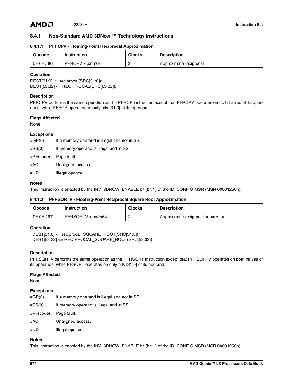 1 non-standard amd 3dnow!™ technology instructions, 1 pfrcpv - floating-point reciprocal approximation | AMD Geode LX 800@0.9W User Manual | Page 674 / 680