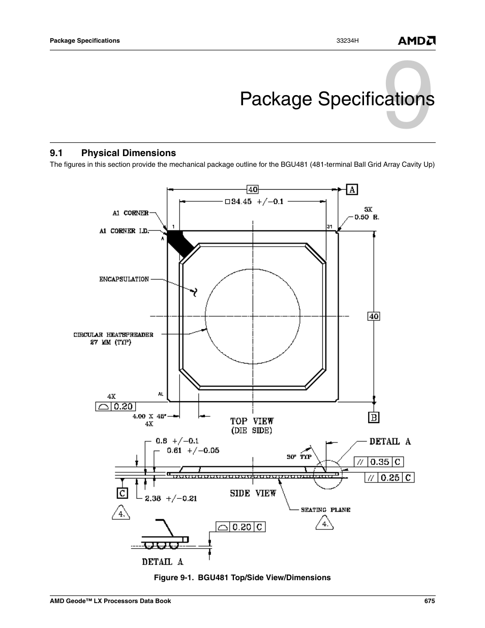 Package specifications, 1 physical dimensions, Physical dimensions | Figure 9-1, Bgu481 top/side view/dimensions | AMD Geode LX 800@0.9W User Manual | Page 675 / 680