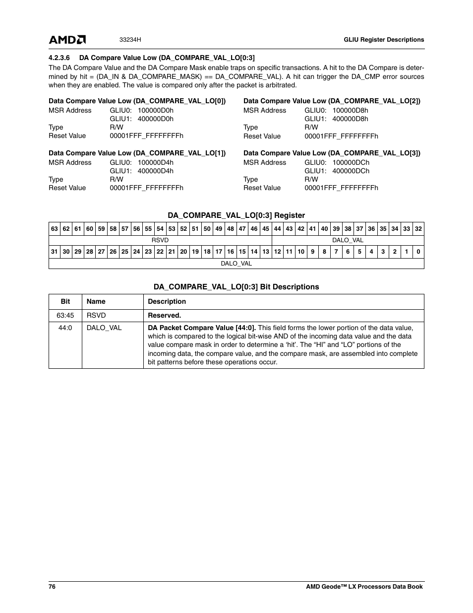 6 da compare value low (da_compare_val_lo[0:3 | AMD Geode LX 800@0.9W User Manual | Page 76 / 680