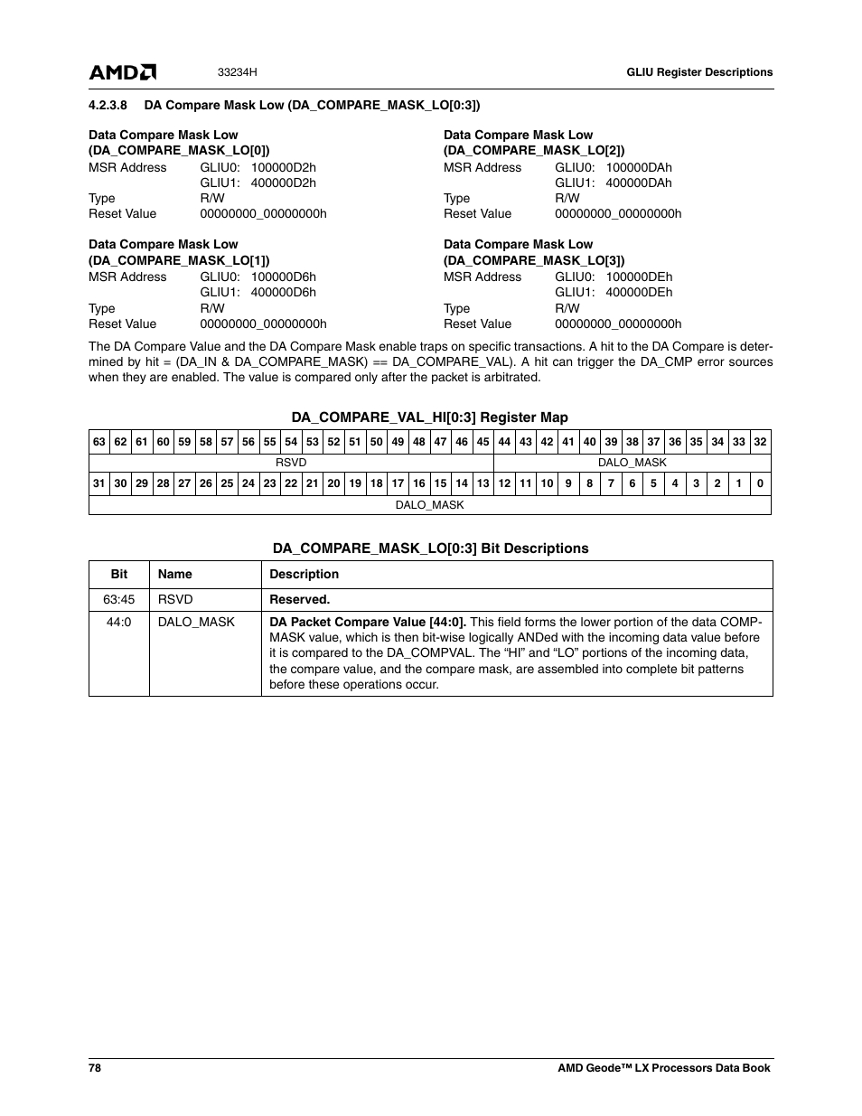 8 da compare mask low (da_compare_mask_lo[0:3]) | AMD Geode LX 800@0.9W User Manual | Page 78 / 680