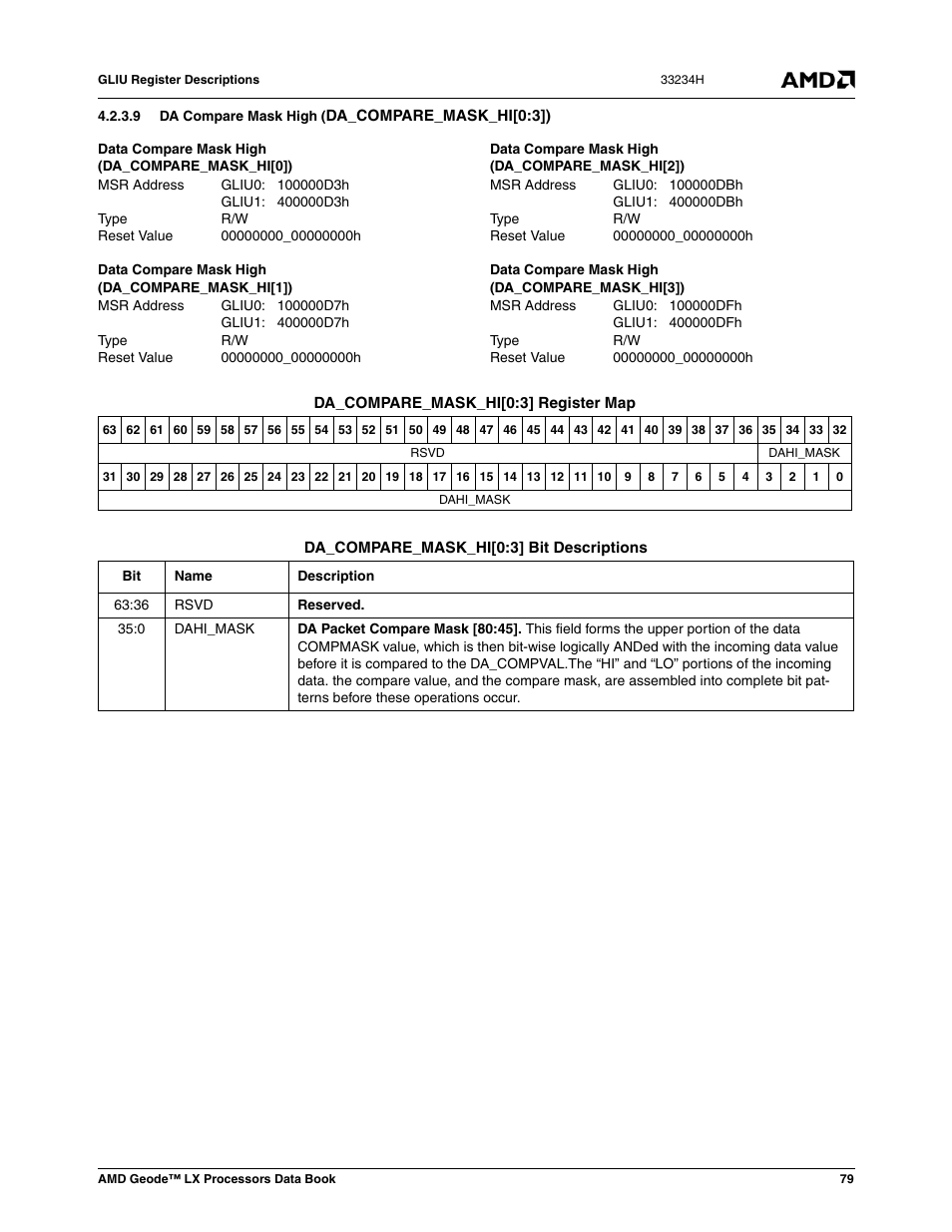 9 da compare mask high (da_compare_mask_hi[0:3]) | AMD Geode LX 800@0.9W User Manual | Page 79 / 680