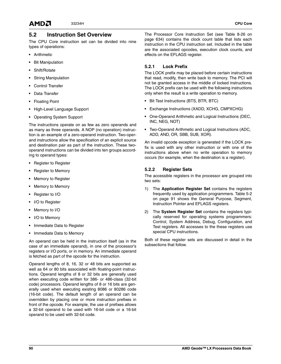 2 instruction set overview, 1 lock prefix, 2 register sets | Instruction set overview | AMD Geode LX 800@0.9W User Manual | Page 90 / 680