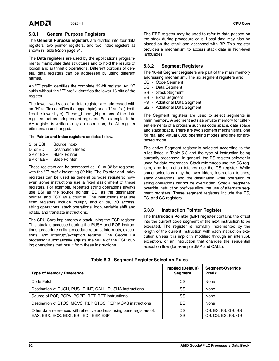 1 general purpose registers, 2 segment registers, 3 instruction pointer register | Table 5-3, Segment register selection rules | AMD Geode LX 800@0.9W User Manual | Page 92 / 680