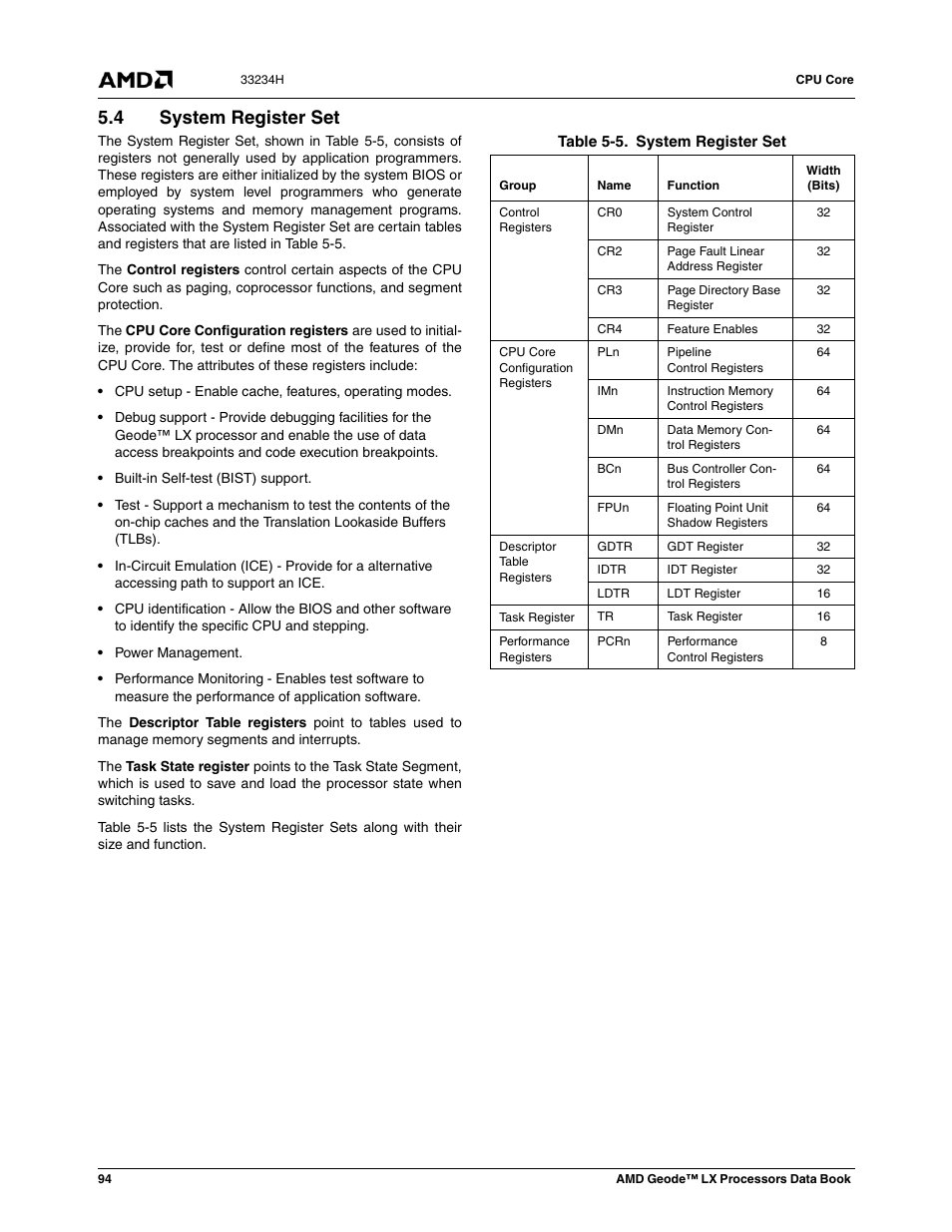 4 system register set, System register set, Table 5-5 | AMD Geode LX 800@0.9W User Manual | Page 94 / 680