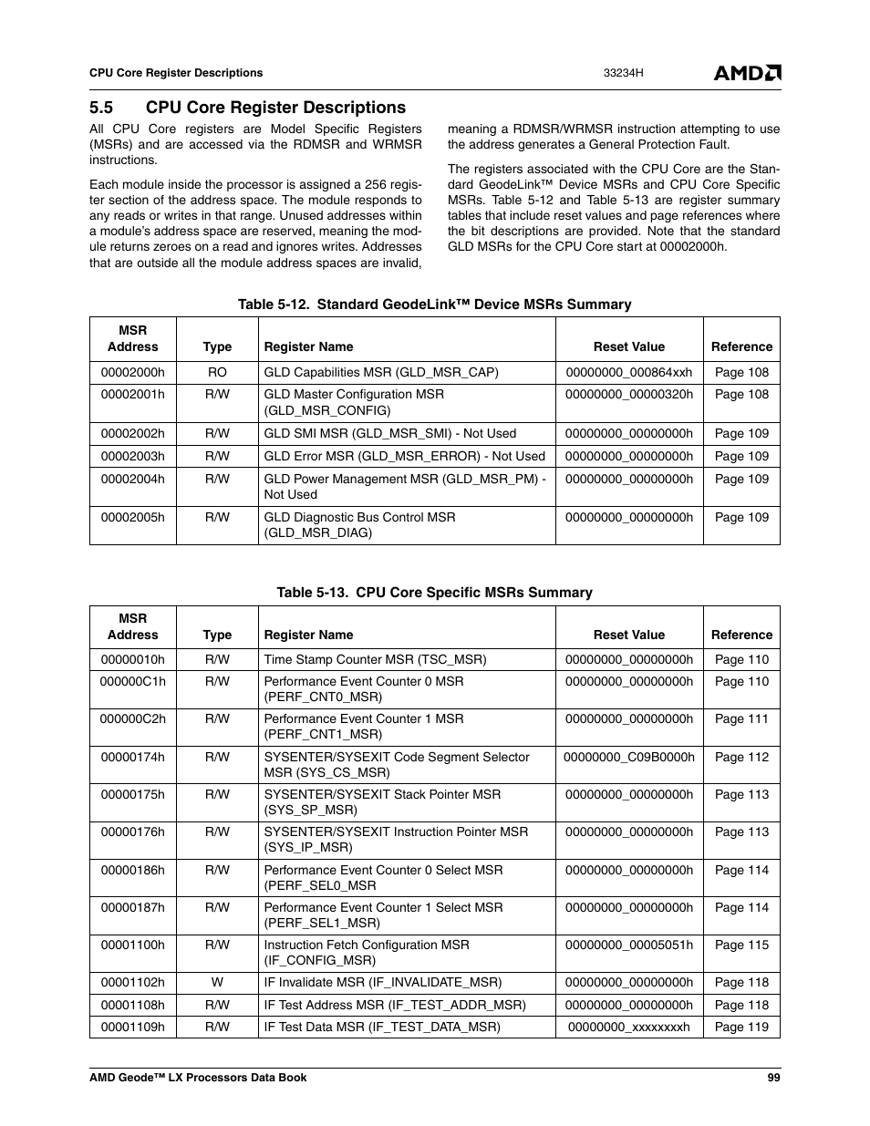 5 cpu core register descriptions, Cpu core register descriptions, Table 5-12 | Standard geodelink™ device msrs summary, Table 5-13, Cpu core specific msrs summary | AMD Geode LX 800@0.9W User Manual | Page 99 / 680