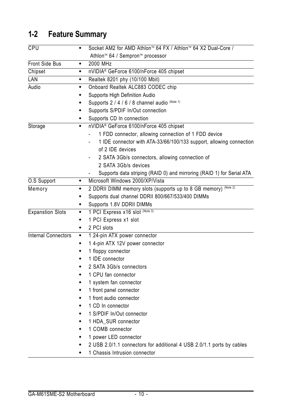 2 feature summary | AMD GA-M61SME-S2 User Manual | Page 10 / 80