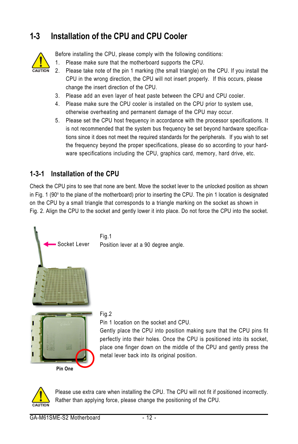 3 installation of the cpu and cpu cooler, 3-1 installation of the cpu | AMD GA-M61SME-S2 User Manual | Page 12 / 80