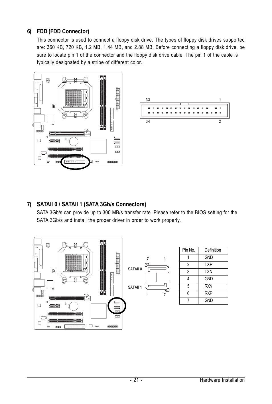 7) sataii 0 / sataii 1 (sata 3gb/s connectors), 6) fdd (fdd connector) | AMD GA-M61SME-S2 User Manual | Page 21 / 80