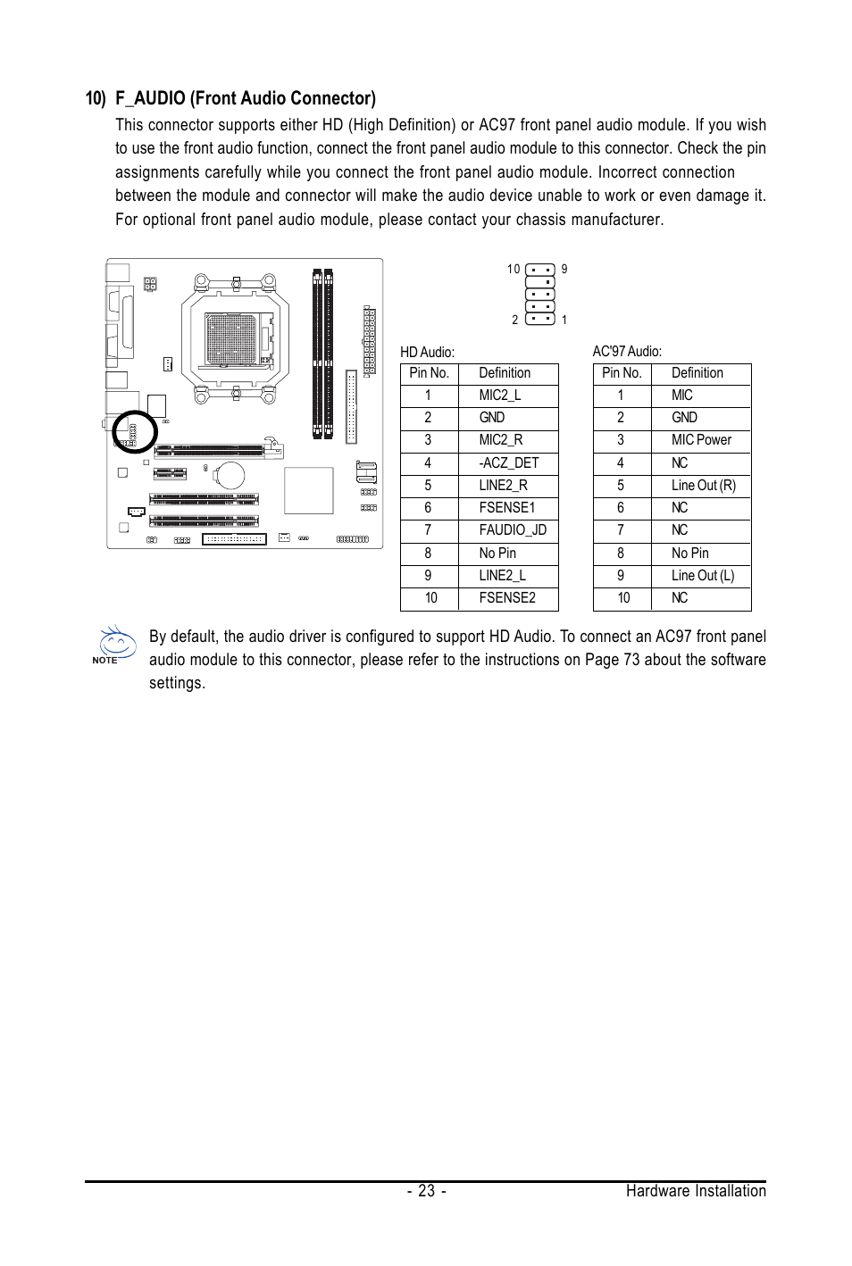 10) f_audio (front audio connector) | AMD GA-M61SME-S2 User Manual | Page 23 / 80