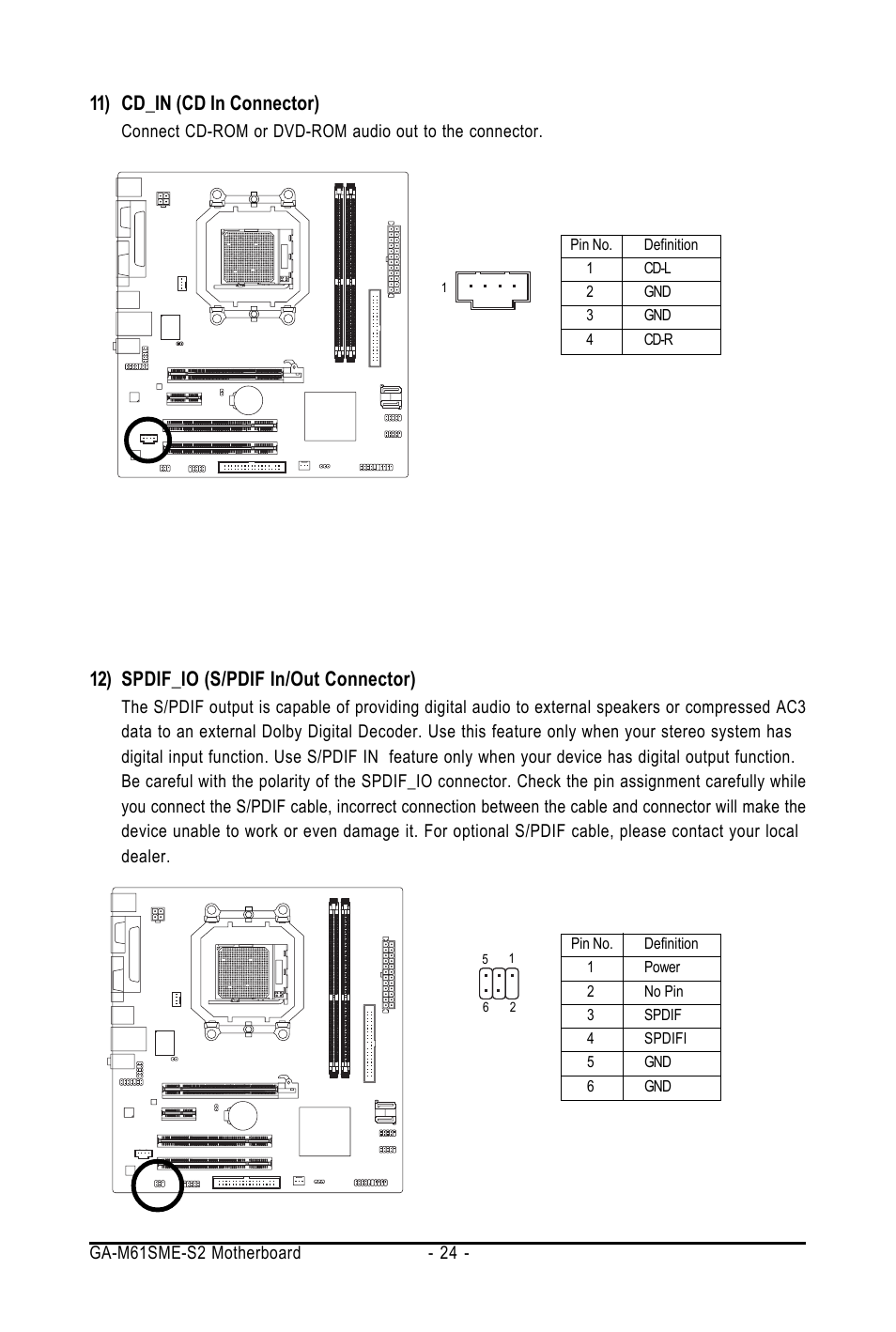 11) cd_in (cd in connector), 12) spdif_io (s/pdif in/out connector) | AMD GA-M61SME-S2 User Manual | Page 24 / 80