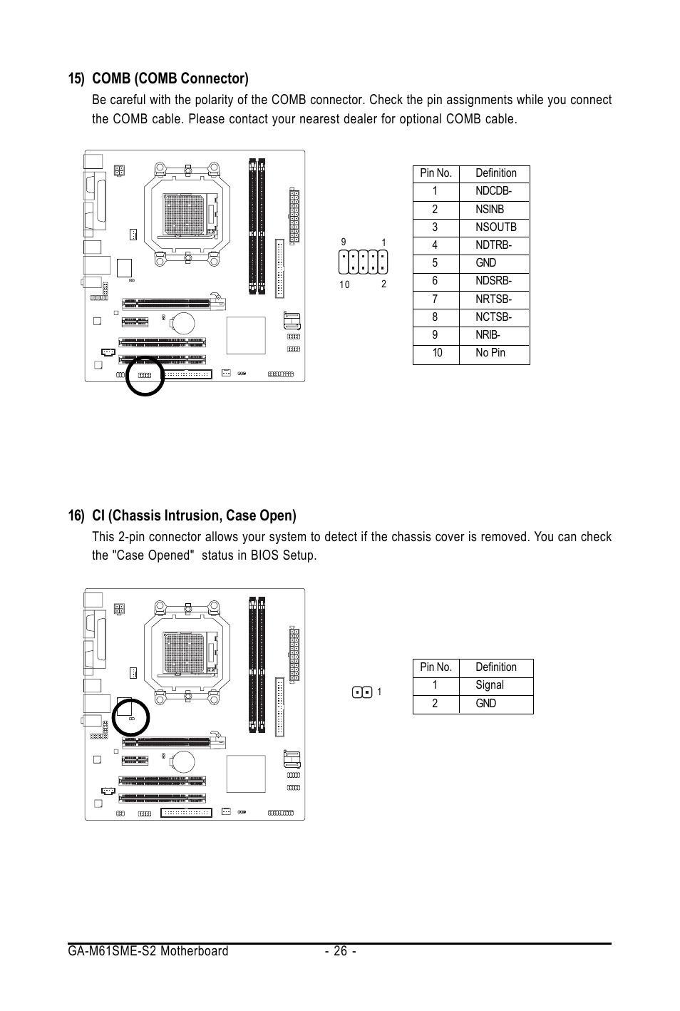 15) comb (comb connector), 16) ci (chassis intrusion, case open) | AMD GA-M61SME-S2 User Manual | Page 26 / 80