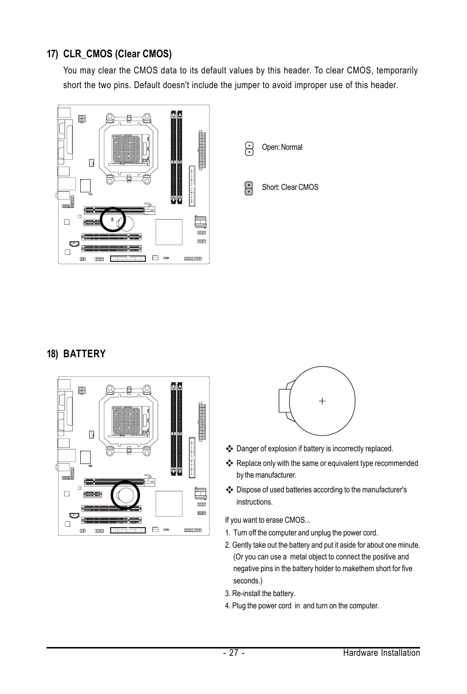 18) battery, 17) clr_cmos (clear cmos) | AMD GA-M61SME-S2 User Manual | Page 27 / 80