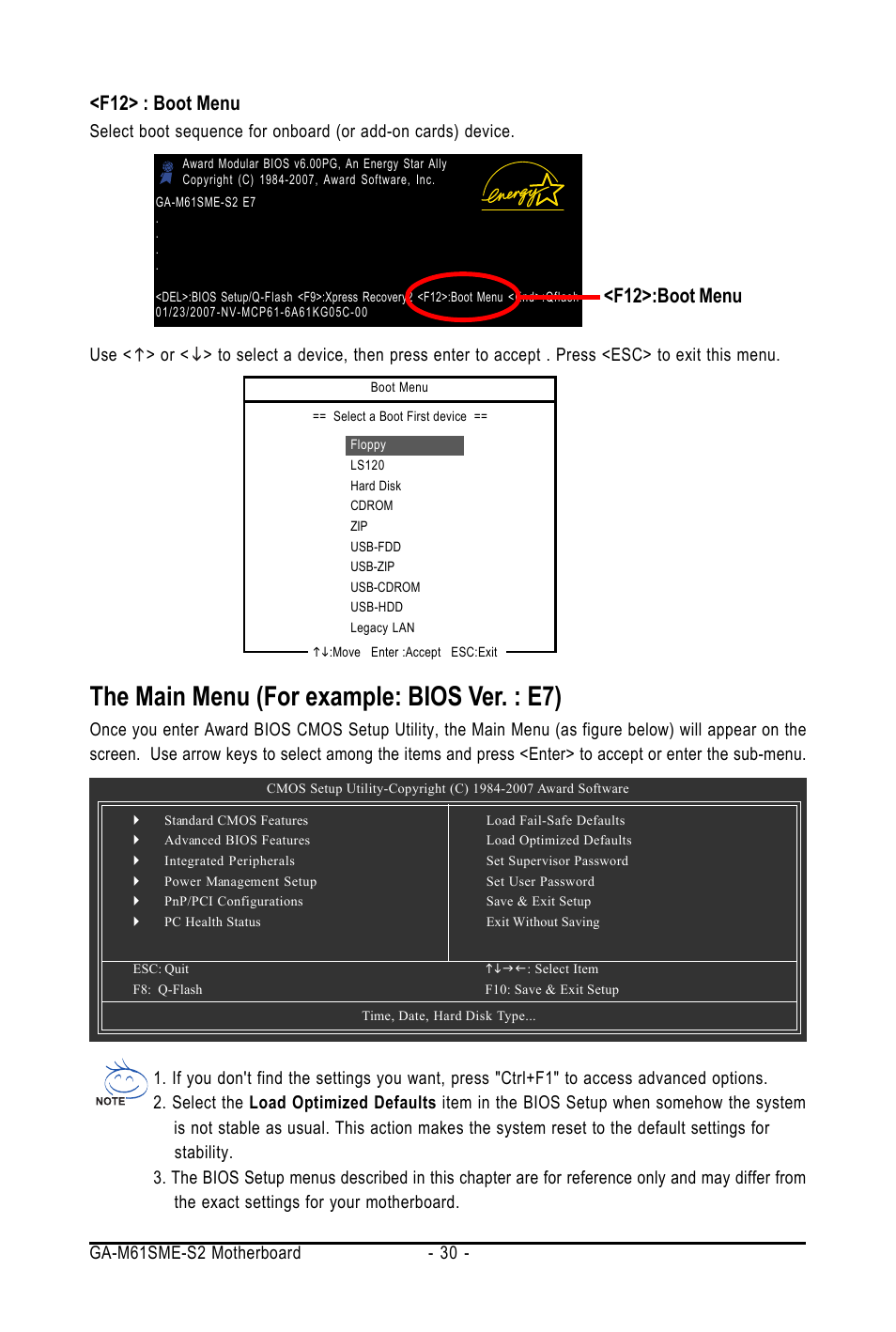 The main menu (for example: bios ver. : e7), F12> : boot menu, F12>:boot menu | AMD GA-M61SME-S2 User Manual | Page 30 / 80