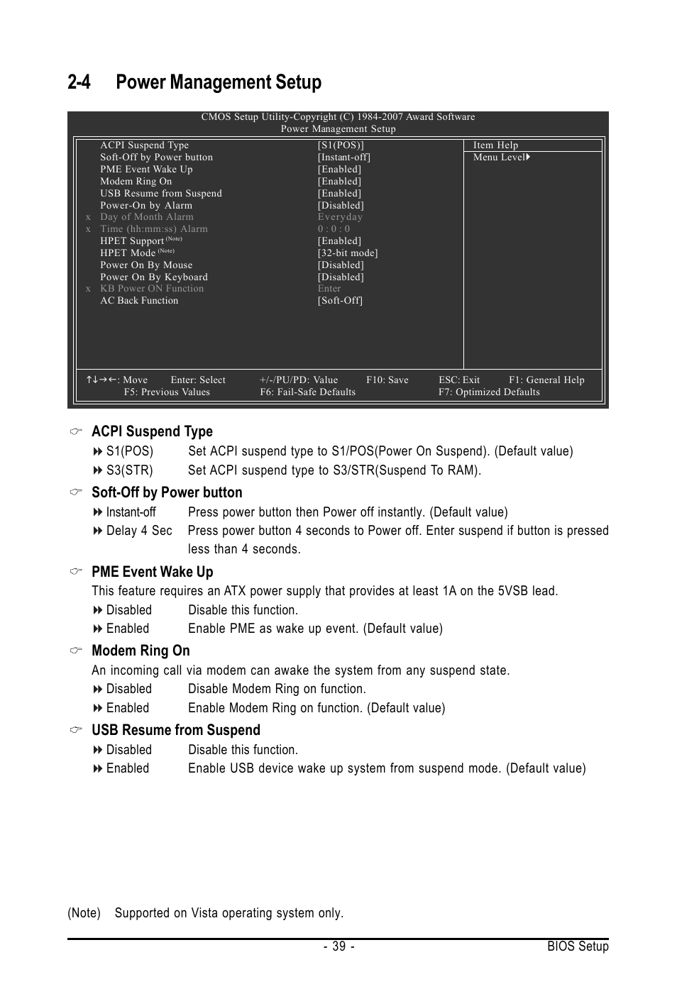 4 power management setup, Acpi suspend type, Soft-off by power button | Pme event wake up, Modem ring on, Usb resume from suspend | AMD GA-M61SME-S2 User Manual | Page 39 / 80