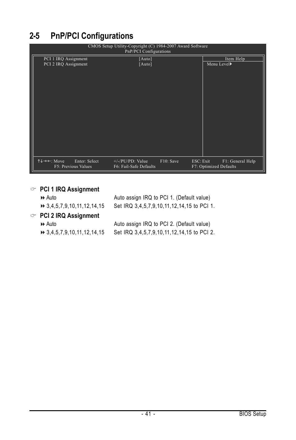 5 pnp/pci configurations, Pci 1 irq assignment, Pci 2 irq assignment | AMD GA-M61SME-S2 User Manual | Page 41 / 80