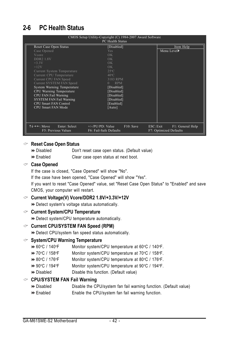 6 pc health status, Reset case open status, Case opened | Current system/cpu temperature, Current cpu/system fan speed (rpm), System/cpu warning temperature, Cpu/system fan fail warning | AMD GA-M61SME-S2 User Manual | Page 42 / 80