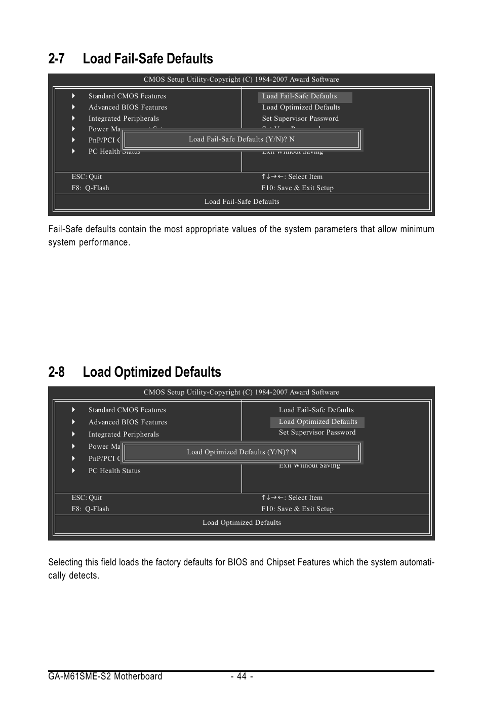 8 load optimized defaults, 7 load fail-safe defaults | AMD GA-M61SME-S2 User Manual | Page 44 / 80