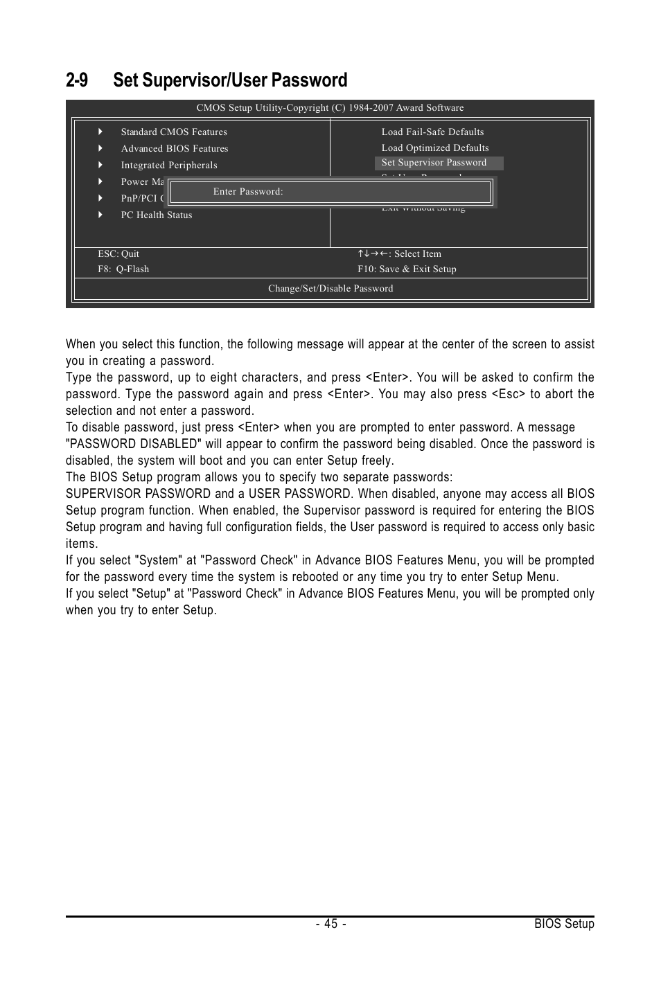 9 set supervisor/user password | AMD GA-M61SME-S2 User Manual | Page 45 / 80