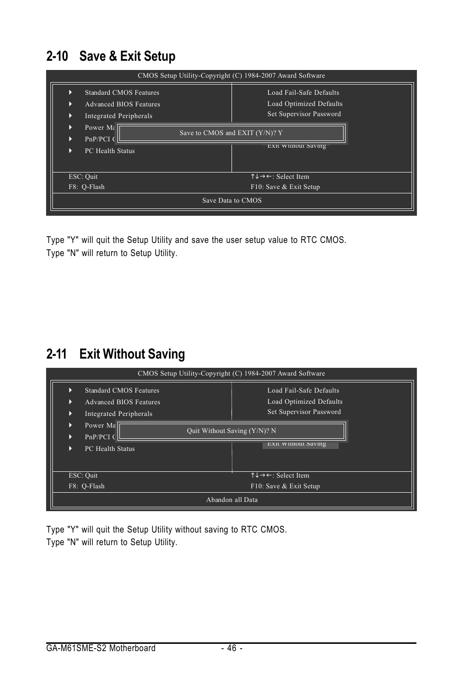 10 save & exit setup, 11 exit without saving | AMD GA-M61SME-S2 User Manual | Page 46 / 80