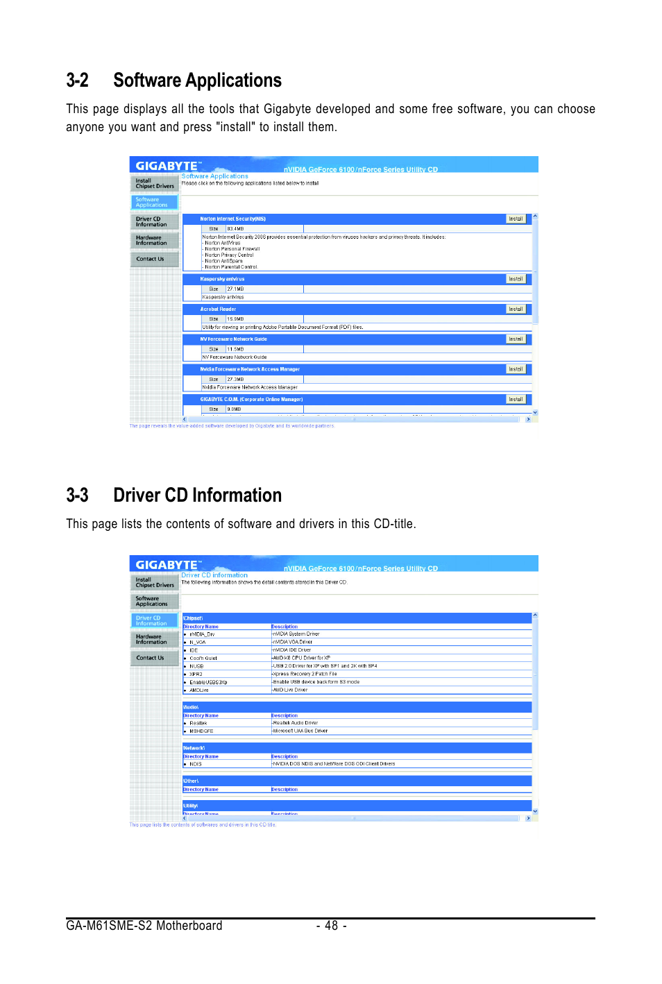 2 software applications, 3 driver cd information | AMD GA-M61SME-S2 User Manual | Page 48 / 80