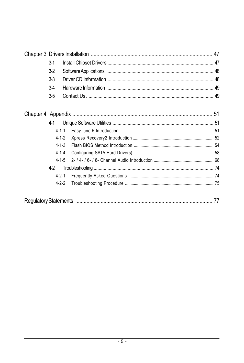 Chapter 3 drivers installation, Chapter 4 appendix, Regulatory statements | AMD GA-M61SME-S2 User Manual | Page 5 / 80