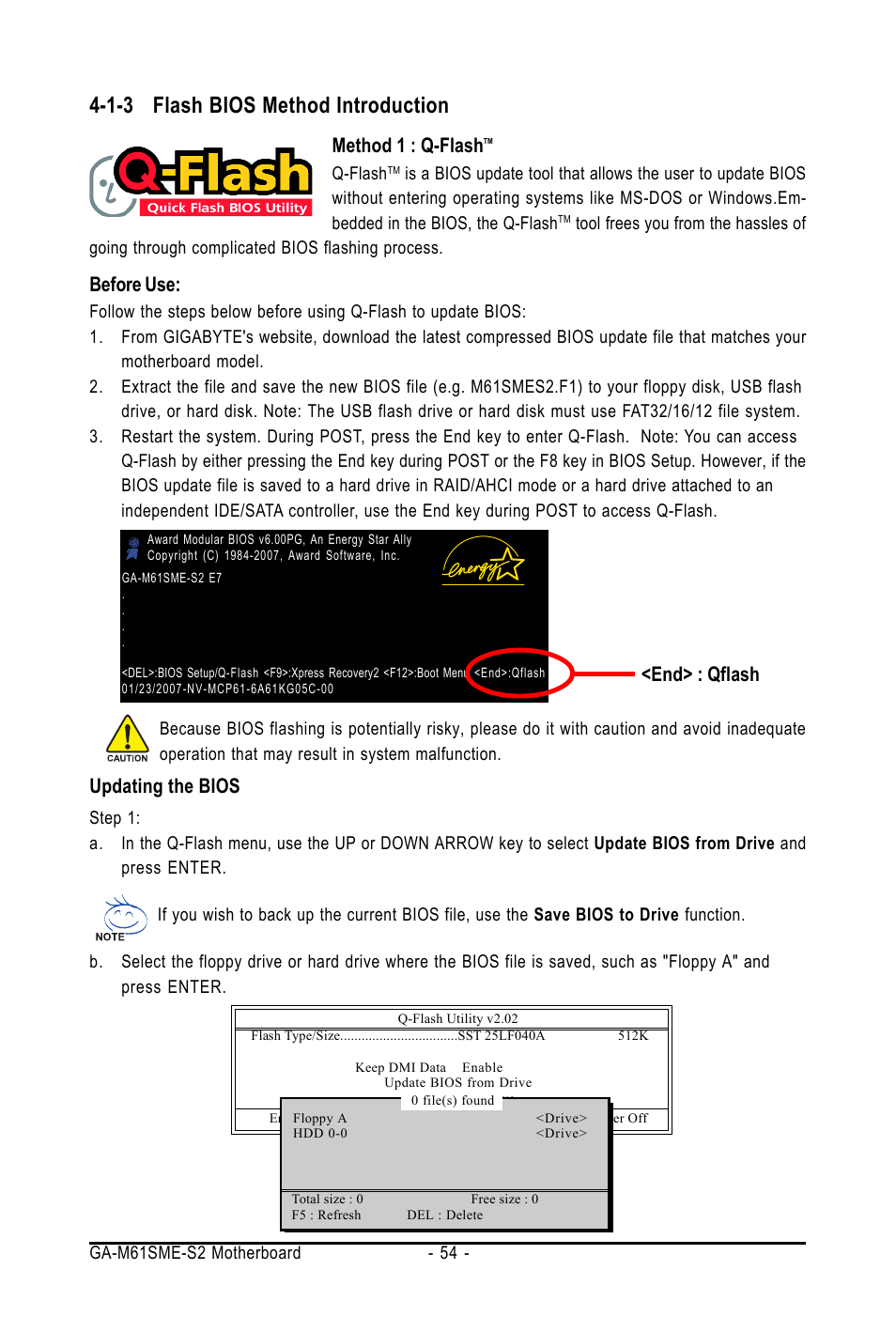 1-3 flash bios method introduction, Updating the bios, Method 1 : q-flash | Before use, End> : qflash | AMD GA-M61SME-S2 User Manual | Page 54 / 80