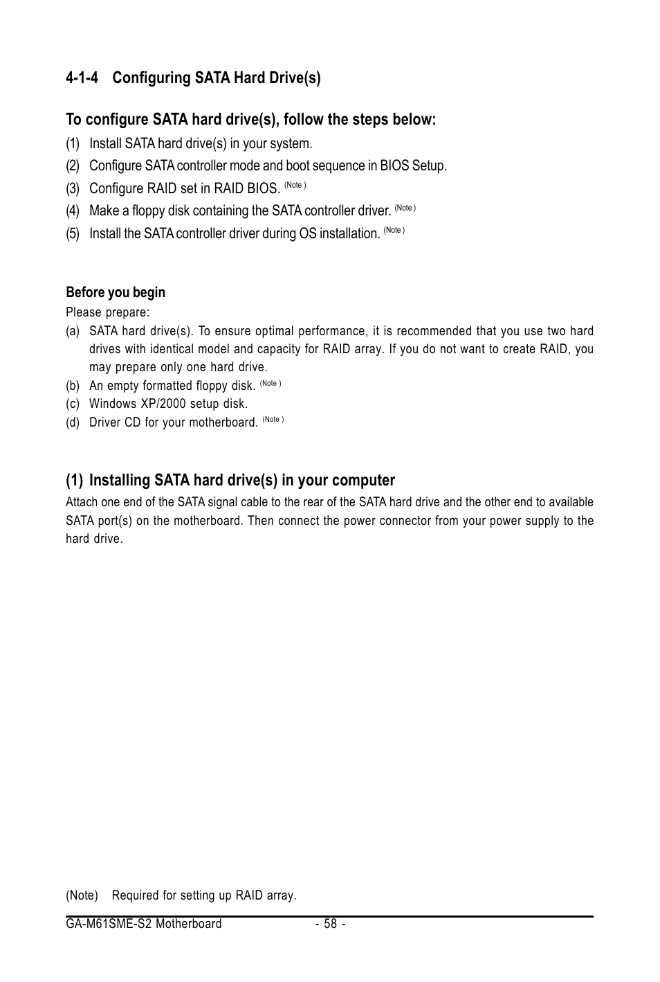 1) installing sata hard drive(s) in your computer, 1-4 configuring sata hard drive(s) | AMD GA-M61SME-S2 User Manual | Page 58 / 80