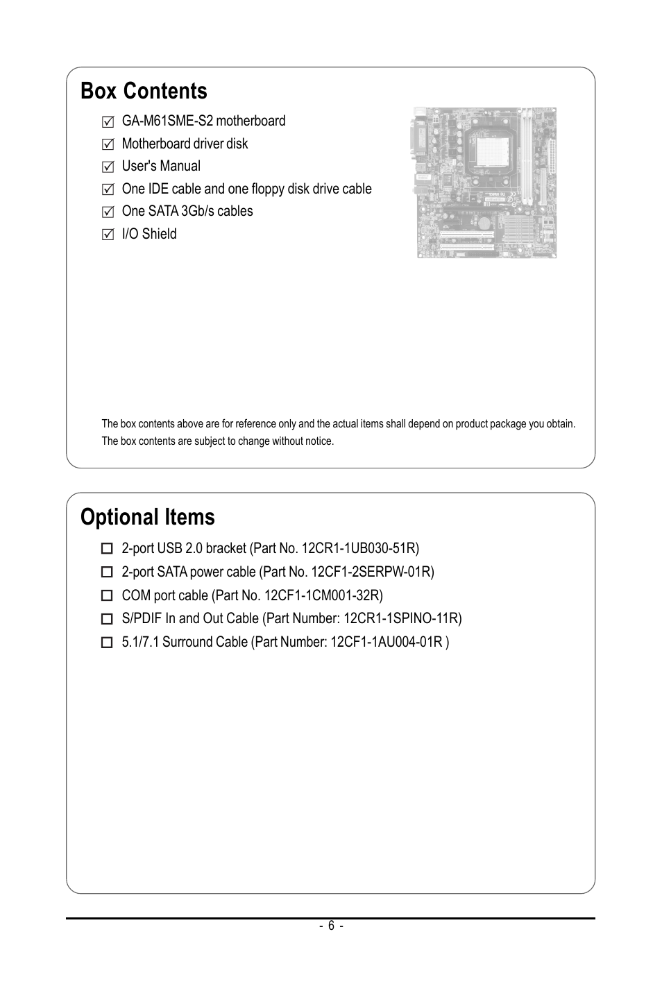 Box contents, Optional items | AMD GA-M61SME-S2 User Manual | Page 6 / 80