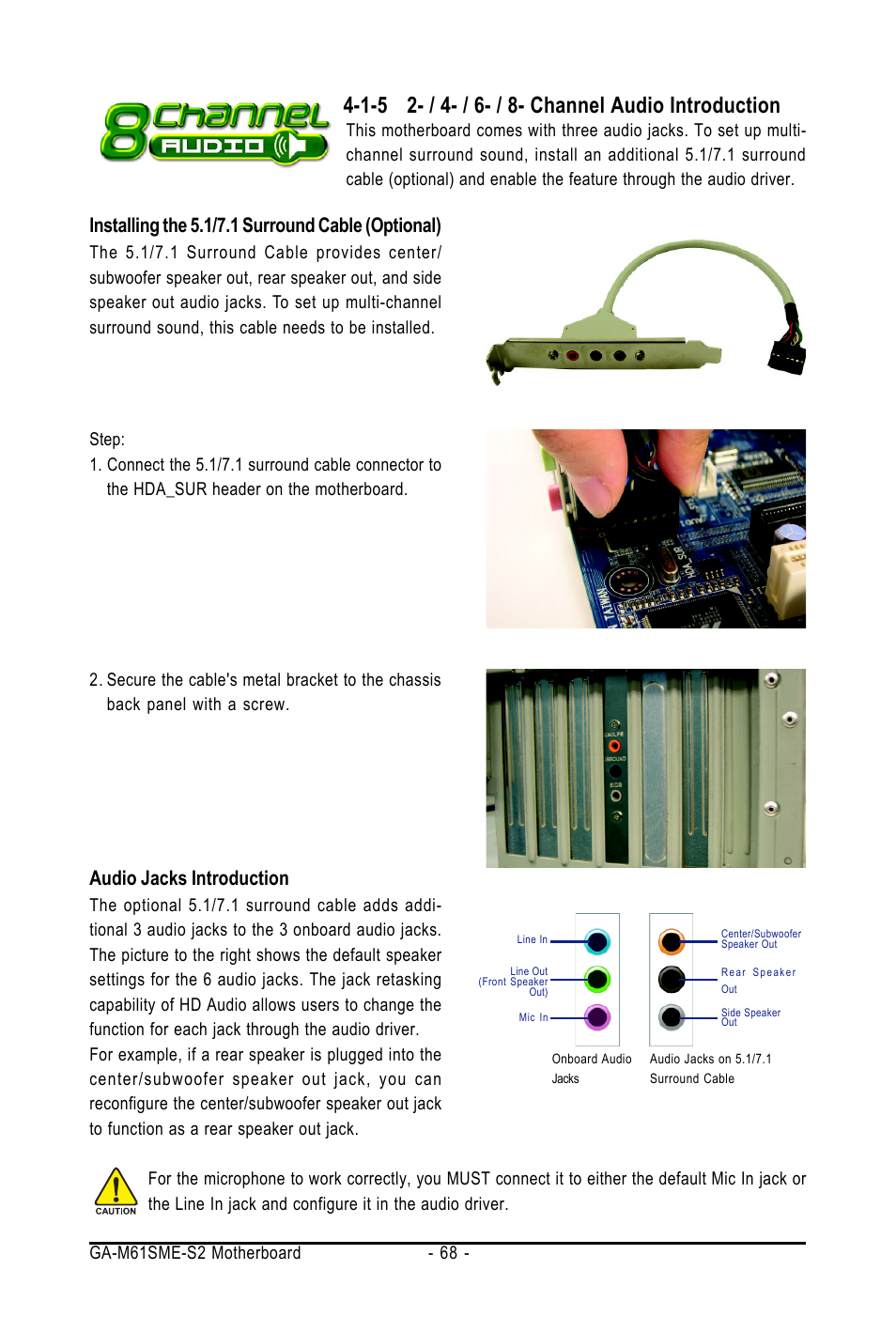 Installing the 5.1/7.1 surround cable (optional), Audio jacks introduction | AMD GA-M61SME-S2 User Manual | Page 68 / 80