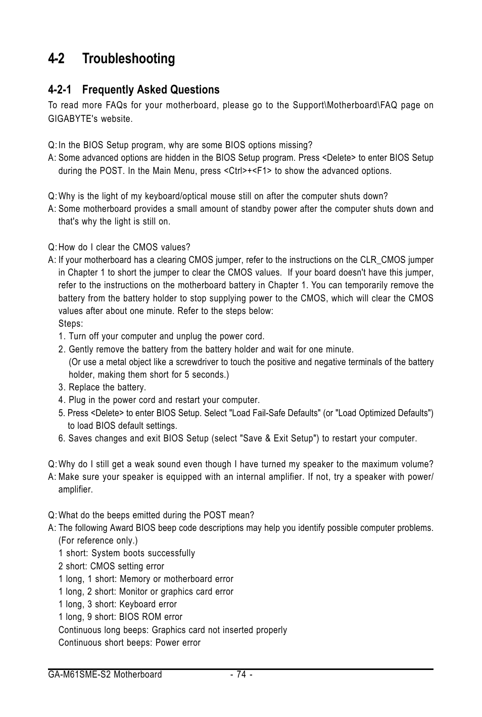 2 troubleshooting, 2-1 frequently asked questions | AMD GA-M61SME-S2 User Manual | Page 74 / 80